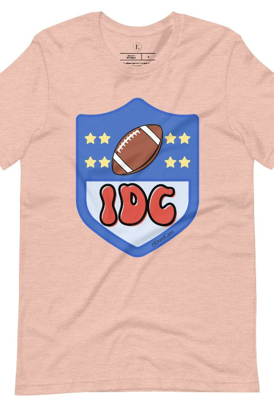 Elevate your game day vibe with our Bella Canvas 3001 unisex tee featuring a cheeky NFL logo design with the letters IDC in place of NFL- because sometimes, we just don't care who wins! Show your laid-back fandom and comfy style on this heather prism peach shirt. 
