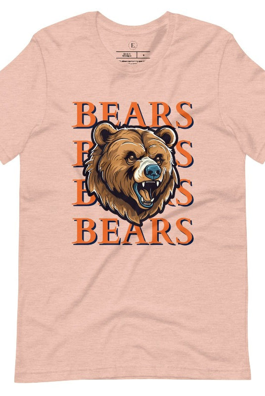 Roar into the game day spirit with our Bella Canvas 3001 unisex graphic tee! Unleash your love for the Chicago Bears with our exclusive design featuring a fierce bear illustration and the spirited mantra "Bears Bears Bears Bears" on heather prism peach shirt. 