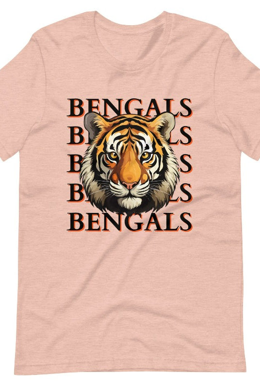 Our exclusive design features a fierce Siberian tiger face and the spirited mantra "Bengals Bengals Bengals Bengals." Unleash your inner roar with our comfortable Bella Canvas 3001 unisex graphic tee and show your stripes as a Cincinnati Bengals fan on a heather prism peach shirt. 