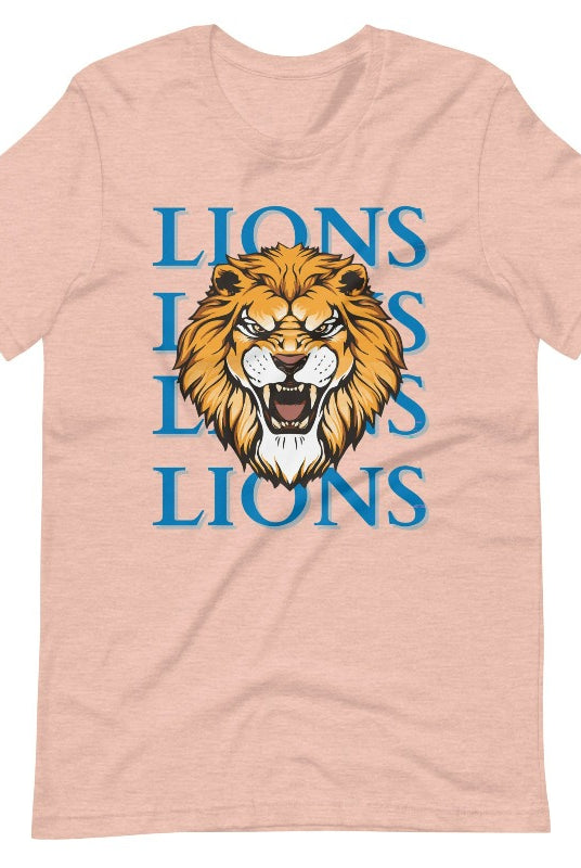 Roar in style with our Bella Canvas 3001 unisex graphic t-shirt featuring the "Lions Lions Lions Lions" design! Show your support for the Detroit Lions NFL football team with this bold heather prism peach tee.