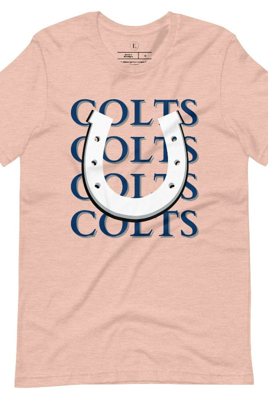 Horseshoe luck meets game day charm! Elevate your Colts pride with our Bella Canvas 3001 unisex tee featuring the spirited mantra "Colts Colts Colts Colts Colts" and a horseshoe illustration on a heather prism peach shirt. 
