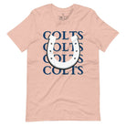 Horseshoe luck meets game day charm! Elevate your Colts pride with our Bella Canvas 3001 unisex tee featuring the spirited mantra "Colts Colts Colts Colts Colts" and a horseshoe illustration on a heather prism peach shirt. 