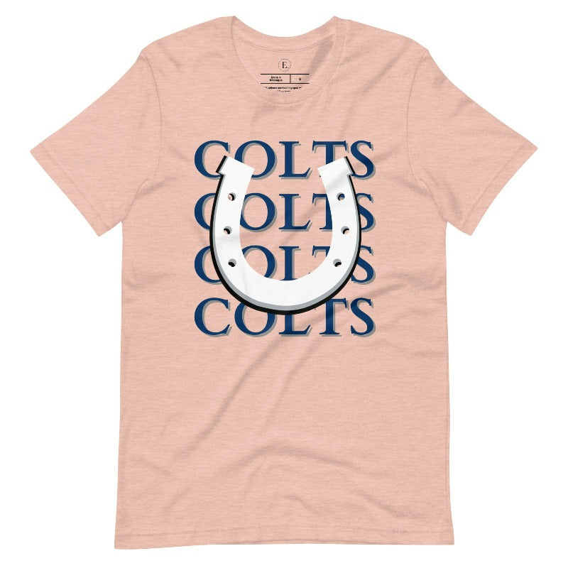 Horseshoe luck meets game day charm! Elevate your Colts pride with our Bella Canvas 3001 unisex tee featuring the spirited mantra "Colts Colts Colts Colts Colts" and a horseshoe illustration on a heather prism peach shirt. 