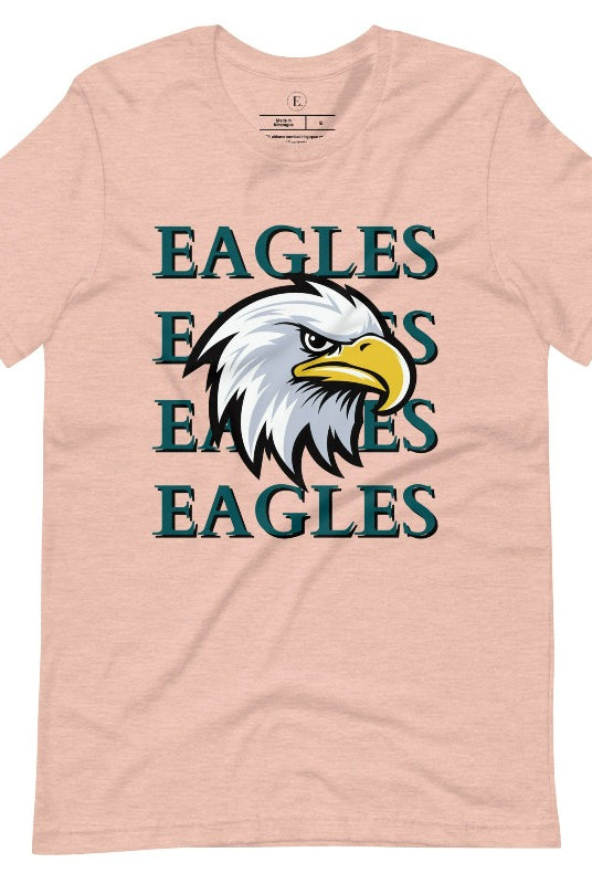 Get ready to soar high with our Bella Canvas 3001 unisex graphic t-shirt! Show your love for the Philadelphia Eagles NFL football team with our "Eagles Eagles Eagles Eagles" tee featuring a majestic American Eagle illustration on a heather prism peach shirt. 