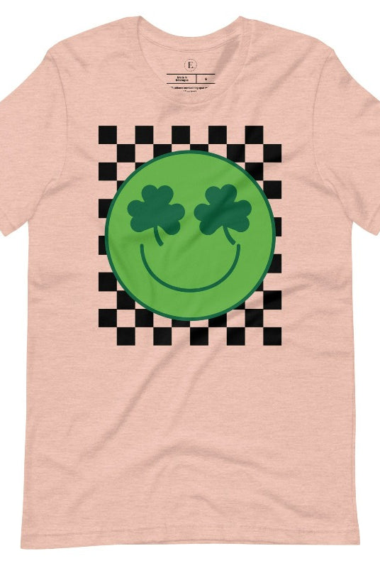 Get in the Saint Patrick's Day spirit with our Bella Canvas 3001 unisex graphic t-shirt! This unique design features a retro green smiley face with shamrock eyes, perfect for those seeking a festive and nostalgic look on a heather prism peach shirt. 