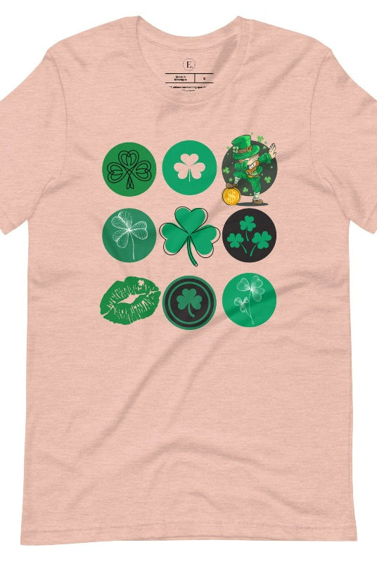 Celebrate Saint Patrick's Day in style with our Bella Canvas 3001 unisex graphic t-shirt! Get ready for the luckiest day of the year with our festive design featuring 3 rows of 3 vibrant and whimsical Saint Patrick's Day images on a heather prism peach shirt. 