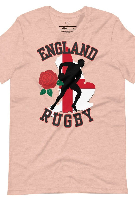 Introducing our England Rugby Graphic T-Shirt - the ultimate fusion of patriotism, rugby pride, and contemporary style! This captivating t-shirt features the words "England Rugby" and the iconic England flag artfully incorporated within the outline of the country, accompanied by a dynamic rugby player graphic on a heather prism peach shirt. 