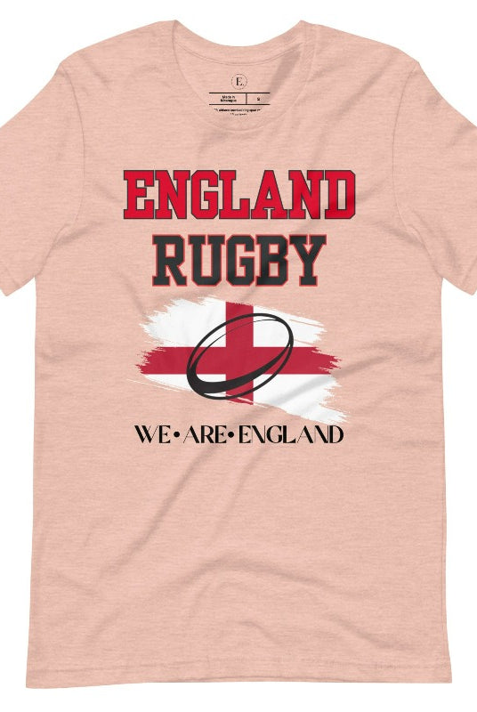 Introducing our England Rugby Graphic T-Shirt - a dynamic and spirited way to showcase your unwavering support for the English rugby team! This captivating t-shirt features the words "England Rugby" and the iconic England flag, with the powerful statement "We are England" proudly displayed beneath the flag on a heather prism peach shirt. 