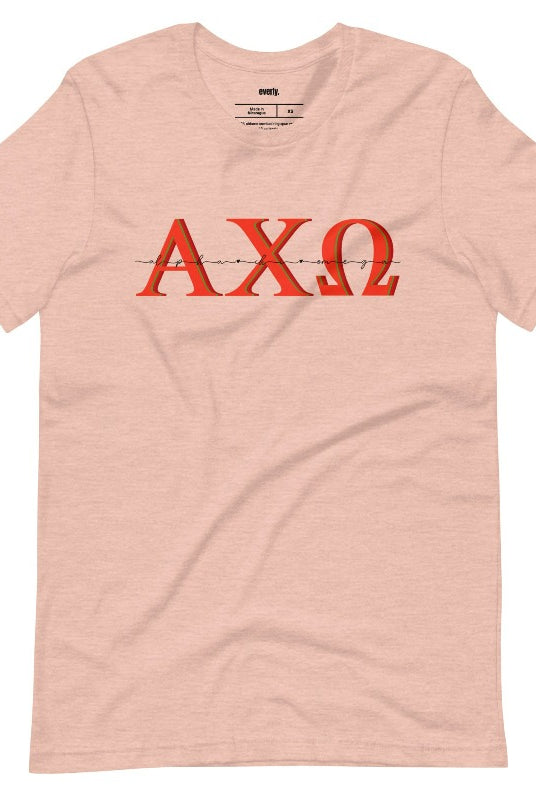 Elevate your sorority style with this Alpha Chi Omega Letters graphic tee - a must-have for any collection of sorority shirts that showcases your Alpha Chi Omega pride. Peach graphic Tee