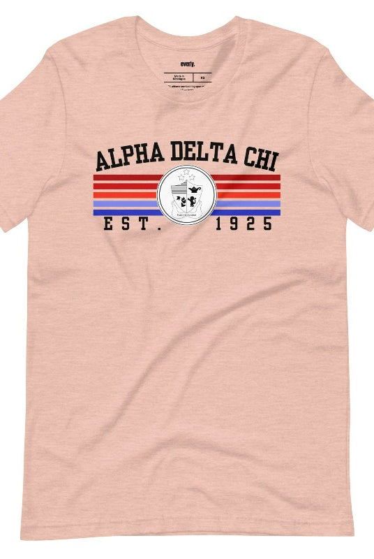 Heather peach graphic tee featuring the Alpha Delta Chi sorority letters and crest