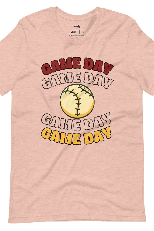 Softball game day on a heather prism peach graphic tee
