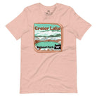 a colorful graphic of Crater Lake National Park, featuring mountains, water, and the text "Crater Lake National Park Oregon 1902 on a peach shirt. 