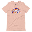 Bella + Canvas 3001 unisex shirt featuring a colorful rainbow design with the word "Clemson" in the center, representing Clemson University on a peach graphic tee.