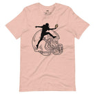 a black silhouette of a football player leaping to catch a football, superimposed on a large, sketched football helmet on a peach shirt. 