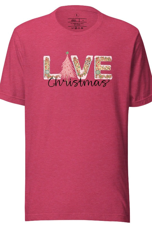 Get ready to celebrate the holiday season in style with our Christmas shirt featuring cute gingerbread cookies arranged to spell out the word "Love" on a heather raspberry colored shirt.