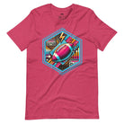 a vibrant neon design of a football with retro elements like boomboxes and geometric patterns, set in a hexagonal frame on a raspberry pink shirt.