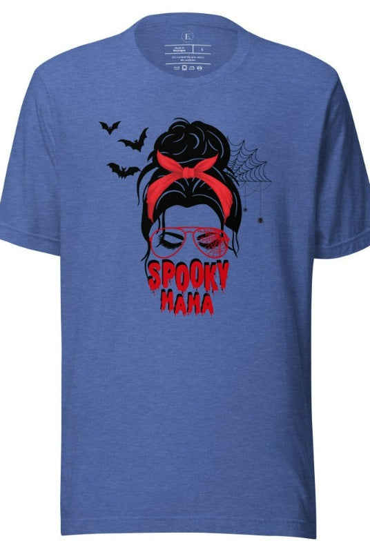"Spooky Mama" messy bun Halloween T-shirt on heather true royal colored t-shirt.