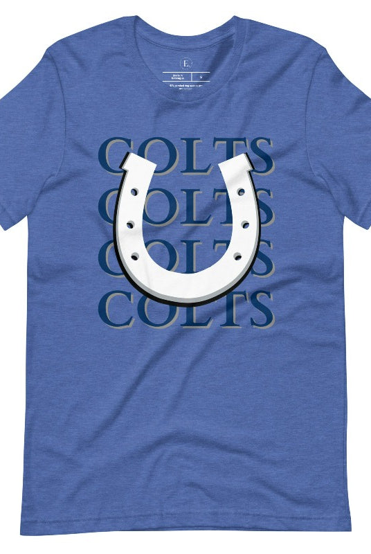 Horseshoe luck meets game day charm! Elevate your Colts pride with our Bella Canvas 3001 unisex tee featuring the spirited mantra "Colts Colts Colts Colts Colts" and a horseshoe illustration on a heather true royal blue shirt. 