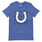 Horseshoe luck meets game day charm! Elevate your Colts pride with our Bella Canvas 3001 unisex tee featuring the spirited mantra "Colts Colts Colts Colts Colts" and a horseshoe illustration on a heather true royal blue shirt. 