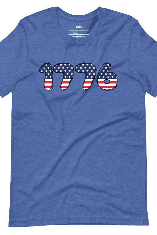 Close-up image of a USA July 4th graphic tee with the number '1776' spelled out in American flag inspired numbers on the front. This patriotic tee is perfect for celebrating Independence Day in style and showing off your love for America on a royal blue tee. 