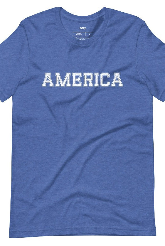 Close-up image of a USA July 4th graphic tee with the word 'America' spelled out in cool sports lettering on the front. This fun and stylish tee is perfect for showing off your patriotic spirit and celebrating the 4th of July in true American style on a royal blue tee. 