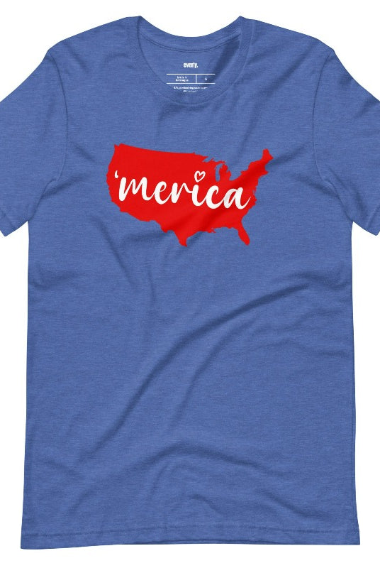 Graphic of the map of the USA with the text 'Merica' on the front of an royal blue graphic tee.