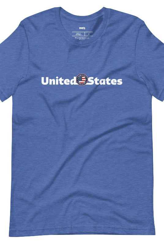 A patriotic graphic tee for the USA July 4th celebration featuring the phrase 'United States' prominently displayed on the front. The design embodies a sense of unity and national pride, making it a fitting choice for celebrating Independence Day and demonstrating love for the country on royal blue graphic tee.