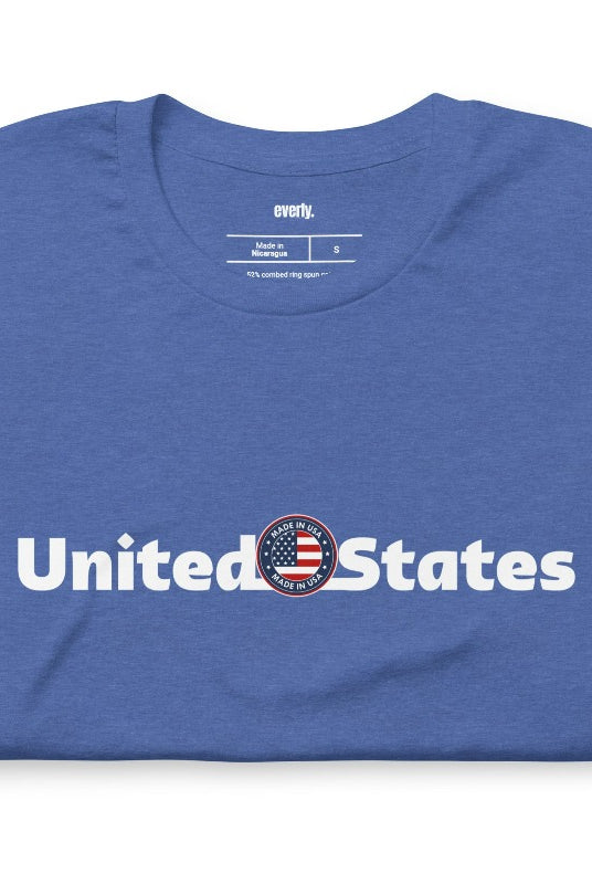 A patriotic graphic tee for the USA July 4th celebration featuring the phrase 'United States' prominently displayed on the front. The design embodies a sense of unity and national pride, making it a fitting choice for celebrating Independence Day and demonstrating love for the country on royal blue graphic tee.