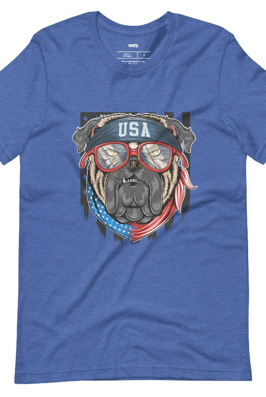 Cute and cool USA July 4th graphic tee featuring a bulldog wearing sunglasses and a USA bandana on the front, perfect for showing off your patriotic and playful side on a royal blue graphic tee.