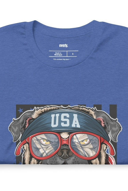 Cute and cool USA July 4th graphic tee featuring a bulldog wearing sunglasses and a USA bandana on the front, perfect for showing off your patriotic and playful side on a royal blue graphic tee.