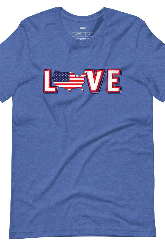 Charming and patriotic USA July 4th graphic tee featuring the word 'Love' with the 'O' represented by the United States map, creating a heartfelt and stylish design on a classic royal blue tee.