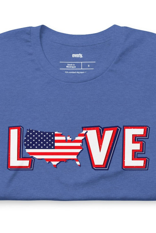 Charming and patriotic USA July 4th graphic tee featuring the word 'Love' with the 'O' represented by the United States map, creating a heartfelt and stylish design on a classic royal blue tee.