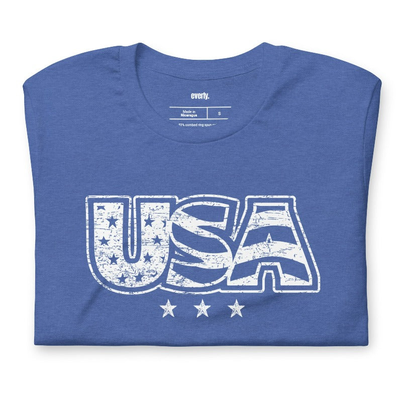 Rustic USA PNG sublimation digital download design, on a blue graphic tee.