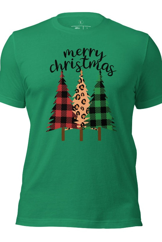 Get ready to unleash your wild side this Christmas with our unique shirt. This design is a bold and playful take on the holiday season, featuring three Christmas trees adorned with fierce cheetah print on a kelly green colored shirt. 