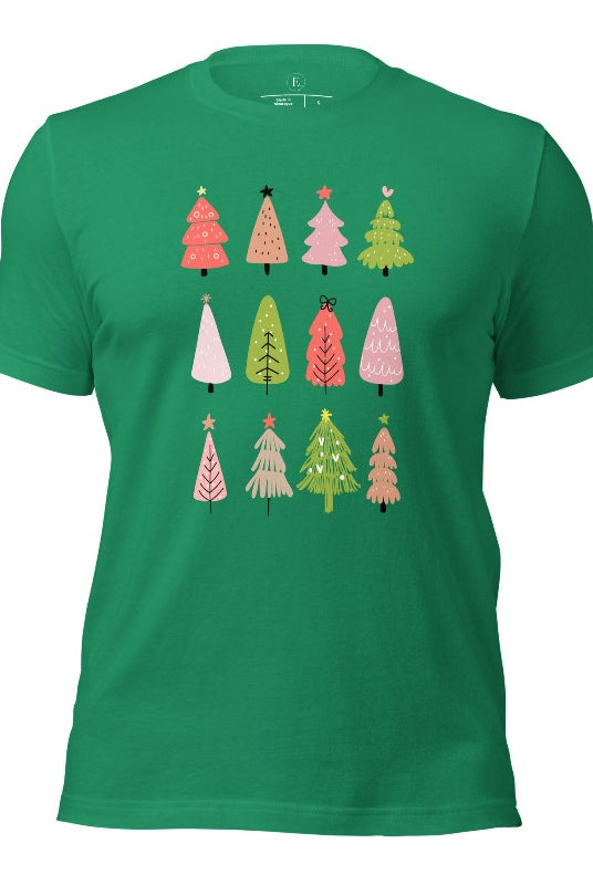 Upgrade your holiday fashion with our contemporary Christmas shirt. The shirt features three rows of multiple different modern Christmas trees in each row, creating a trendy and charming design on a kelly green colored shirt. 