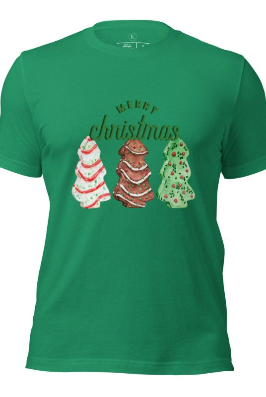 Relive the nostalgia of your childhood with our Christmas shirt that features the beloved classic Christmas tree cookies on a kelly green shirt.