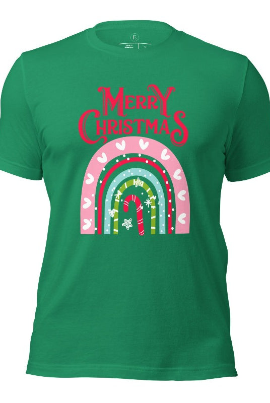 Merry Christmas rainbow candy cane and heart tee on a kelly green shirt. 