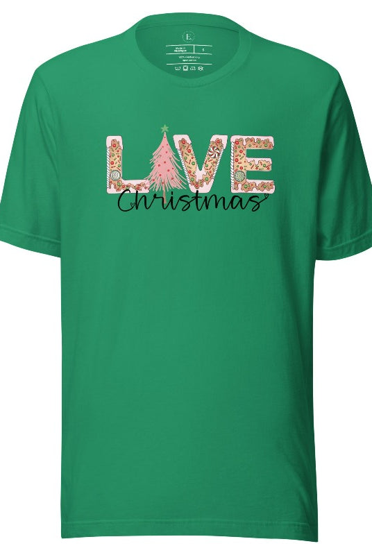 Get ready to celebrate the holiday season in style with our Christmas shirt featuring cute gingerbread cookies arranged to spell out the word "Love" on a kelly green colored shirt.