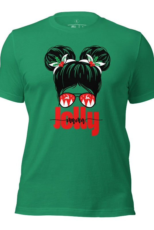 Get into the holiday spirit with our "Jolly Mama" Christmas Shirt! Featuring a stylish mom rocking pigtail buns and festive Christmas Sunglasses on a kelly green colored shirt.