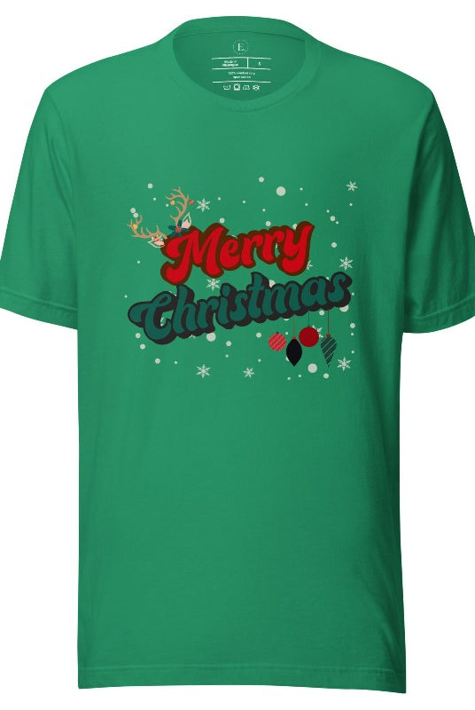Get ready to take a trip down memory lane with our Merry Christmas retro letters shirt on a kelly green colored shirt. 