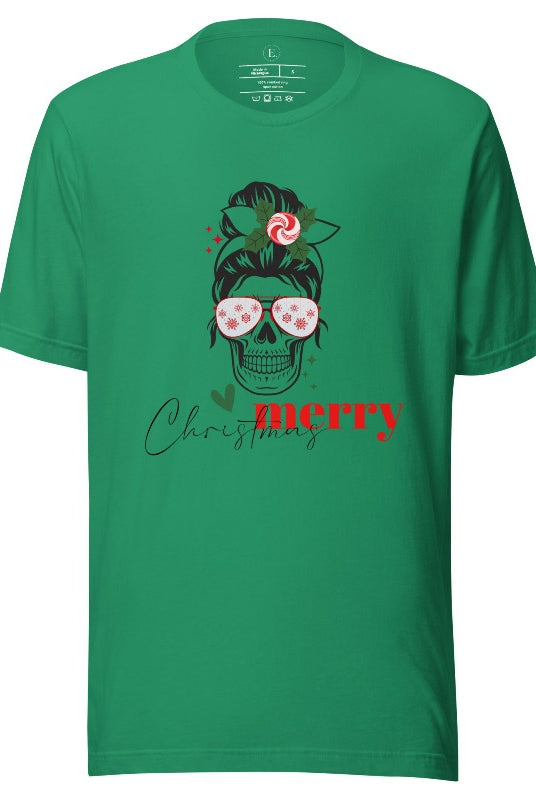 Get into the festive spirit with our Merry Christmas messy bun skull shirt design on a kelly green colored shirt.