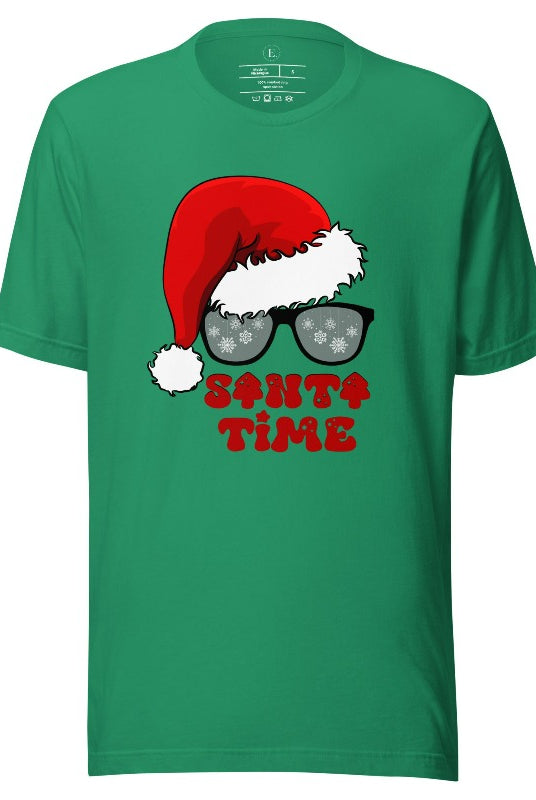 Gear up for the holiday season with our men's Christmas Shirt featuring a Santa hat, Christmas sunglasses on a kelly green colored shirt. 