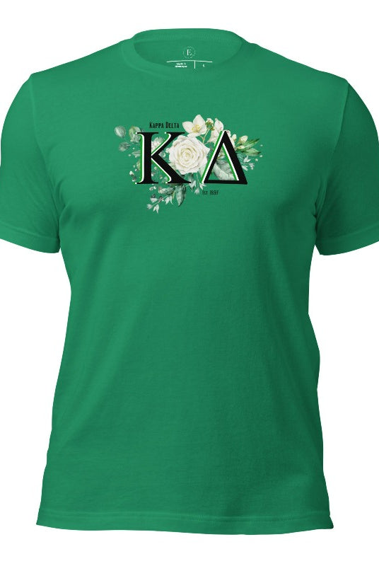 Elevate your Kappa Delta sisterhood with our stunning t-shirt, featuring the sorority letters and the elegant white rose on a kelly green shirt. 