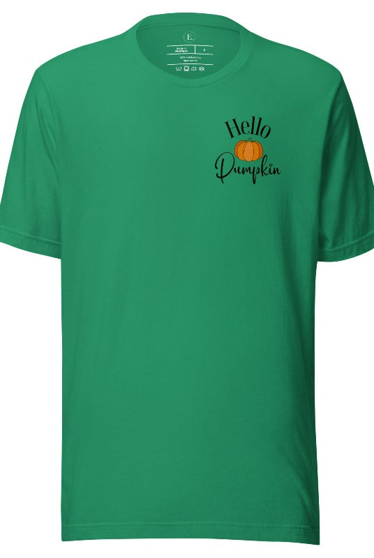 Say hello to autumn with our adorable t-shirt. It features a pumpkin on the front pocket and the playful phrase 'Hello Pumpkin,' this design captures the spirit of the season on a kelly green shirt. 