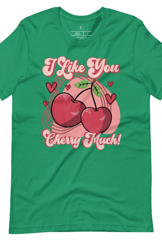 Express your affection with our charming Valentine's Day shirt! Featuring adorable cherries and the sweet message " I Love You Cherry Much," on a kelly green shirt. 