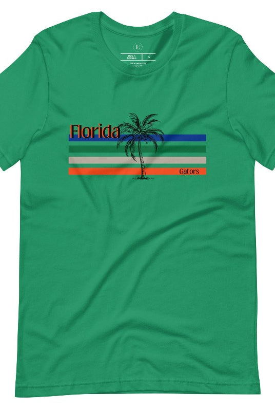 Celebrate your love for the Florida Gators with our modern-inspired retro t-shirt. It captures the essence of campus life, featuring school colors in lines and a palm tree motif on a Kelly green shirt. 