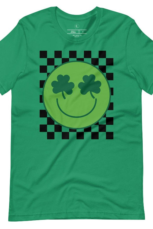Get in the Saint Patrick's Day spirit with our Bella Canvas 3001 unisex graphic t-shirt! This unique design features a retro green smiley face with shamrock eyes, perfect for those seeking a festive and nostalgic look on a kelly green shirt. 