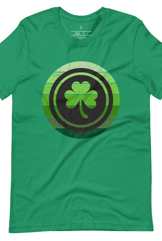 Get your ultimate Saint Patrick's Day attire with our Bella Canvas 3001 unisex graphic t-shirt! Featuring a captivating circle design in various shades of green, topped with a prominent shamrock, on a kelly green shirt. 