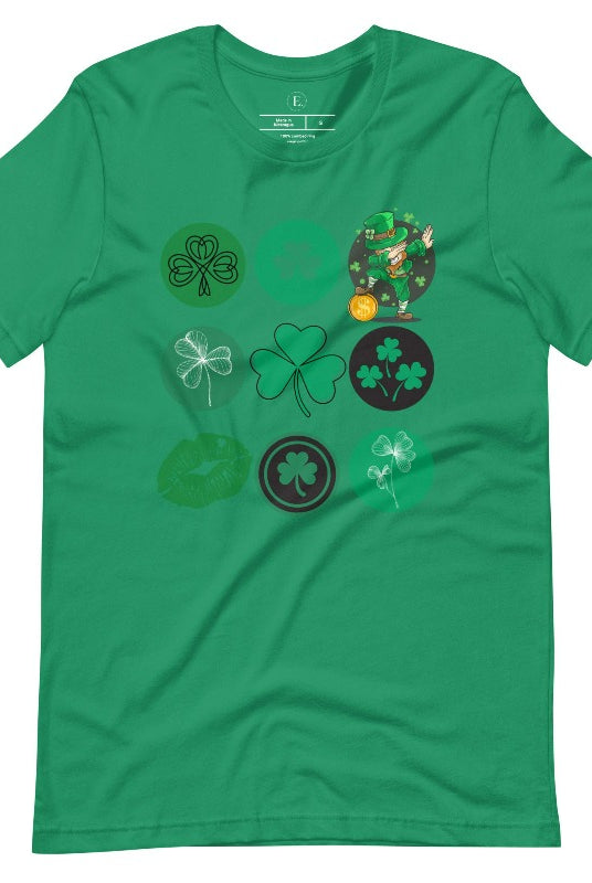 Celebrate Saint Patrick's Day in style with our Bella Canvas 3001 unisex graphic t-shirt! Get ready for the luckiest day of the year with our festive design featuring 3 rows of 3 vibrant and whimsical Saint Patrick's Day images on a kelly green shirt.