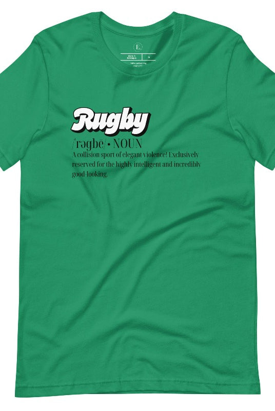 Introducing our Rugby Players Graphic T-Shirt - a perfect blend of humor, style, and a celebration of the game! This t-shirt features a witty definition that encapsulates the essence of rugby: "A collision sport of elegant violence! Exclusively reserved for the highly intelligent and incredibly good-looking," on a Kelly green shirt. 